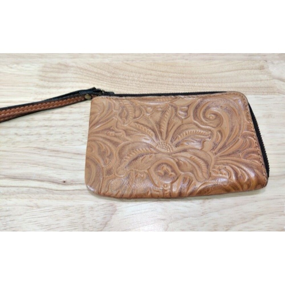 Patricia Nash St. Croce Zip Pouch Wallet Wristlet Tooled Leather Florence Brown